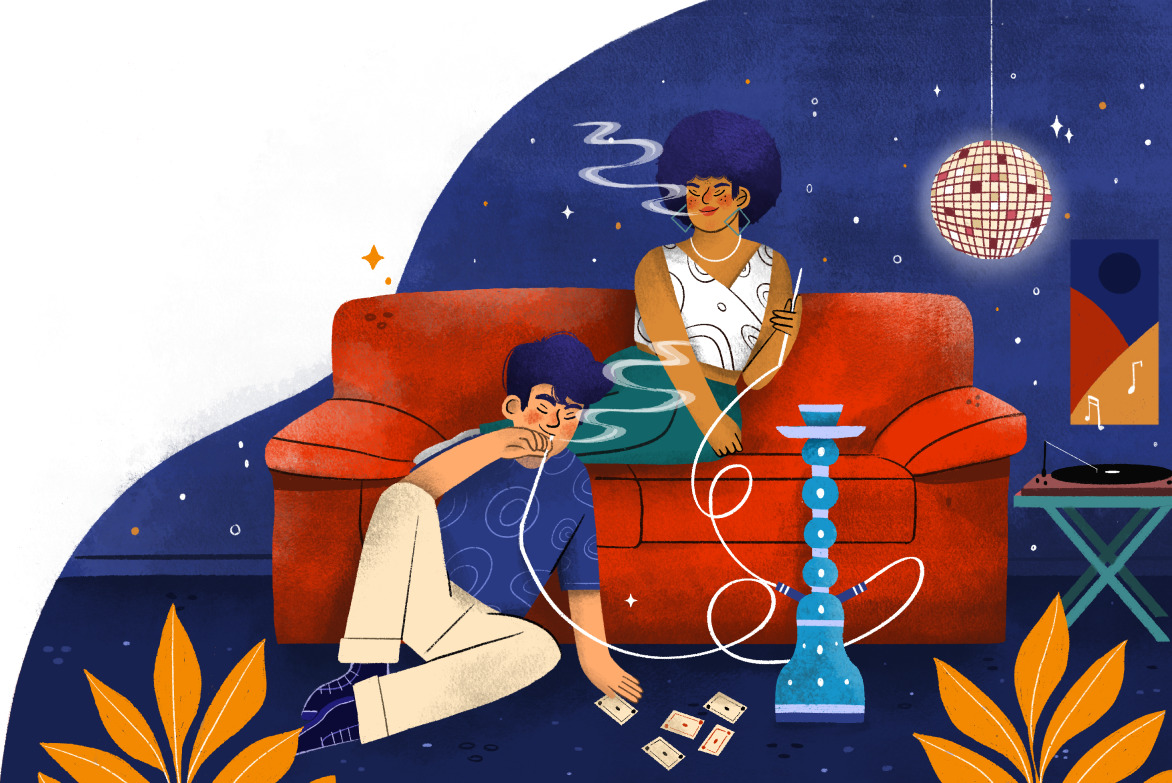Disco vibe illustration of a couple having fun and smoking hookah in a lounge.