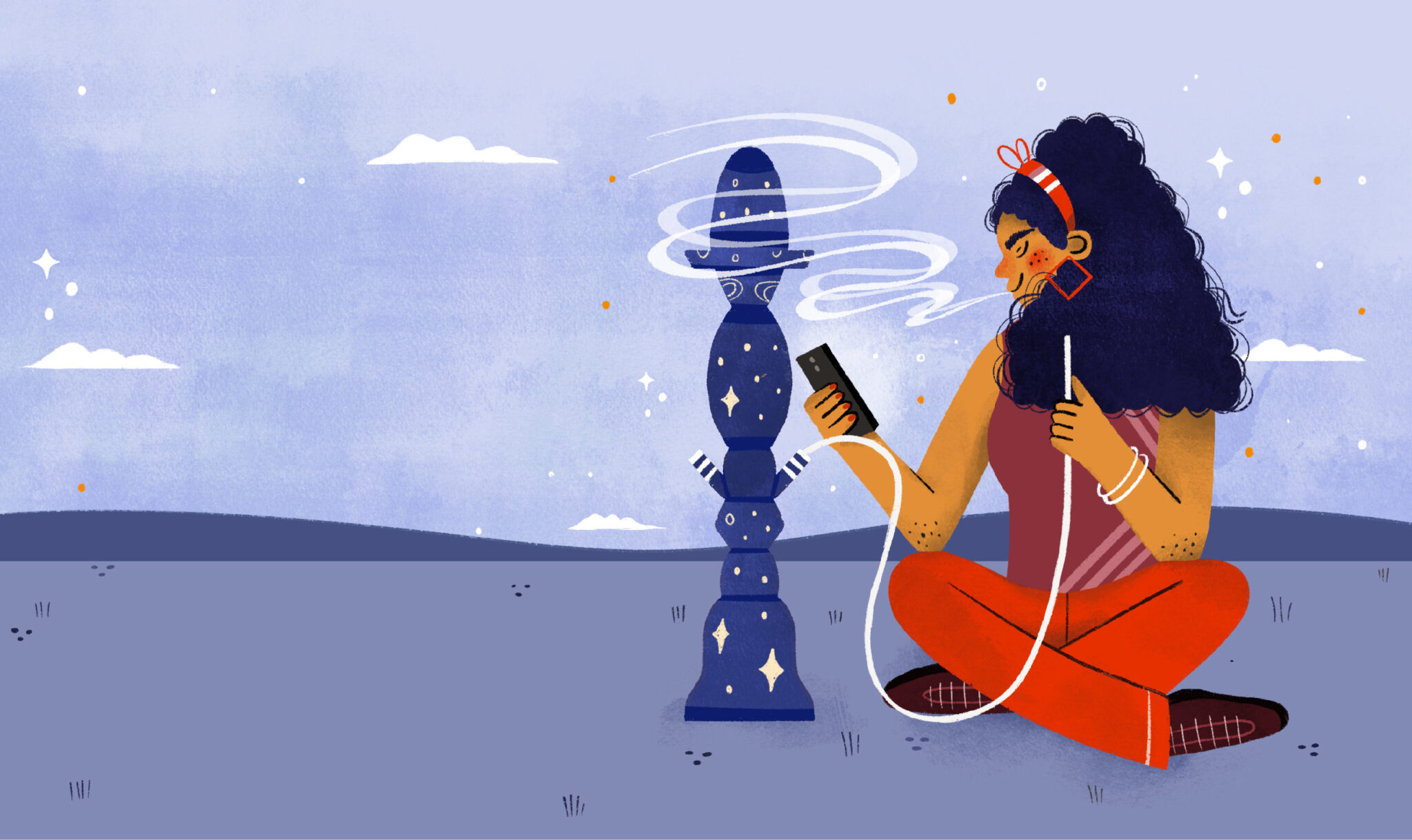 70s vibe illustration of a young woman smoking hookah in outdoors.