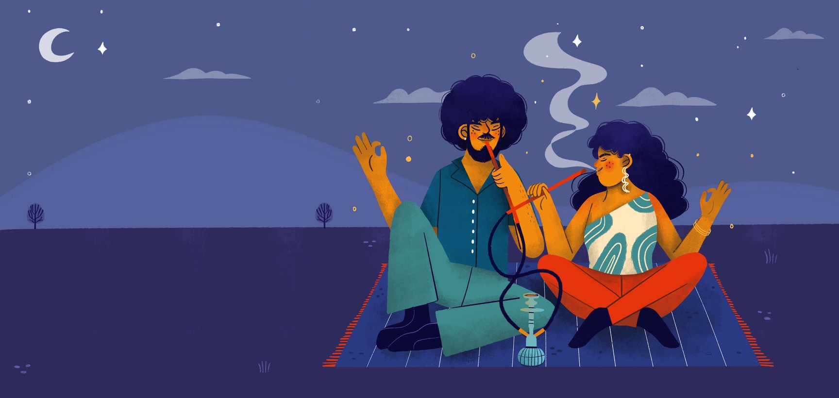 Hippie vibe illustration of a couple smoking hookah on a starry night.