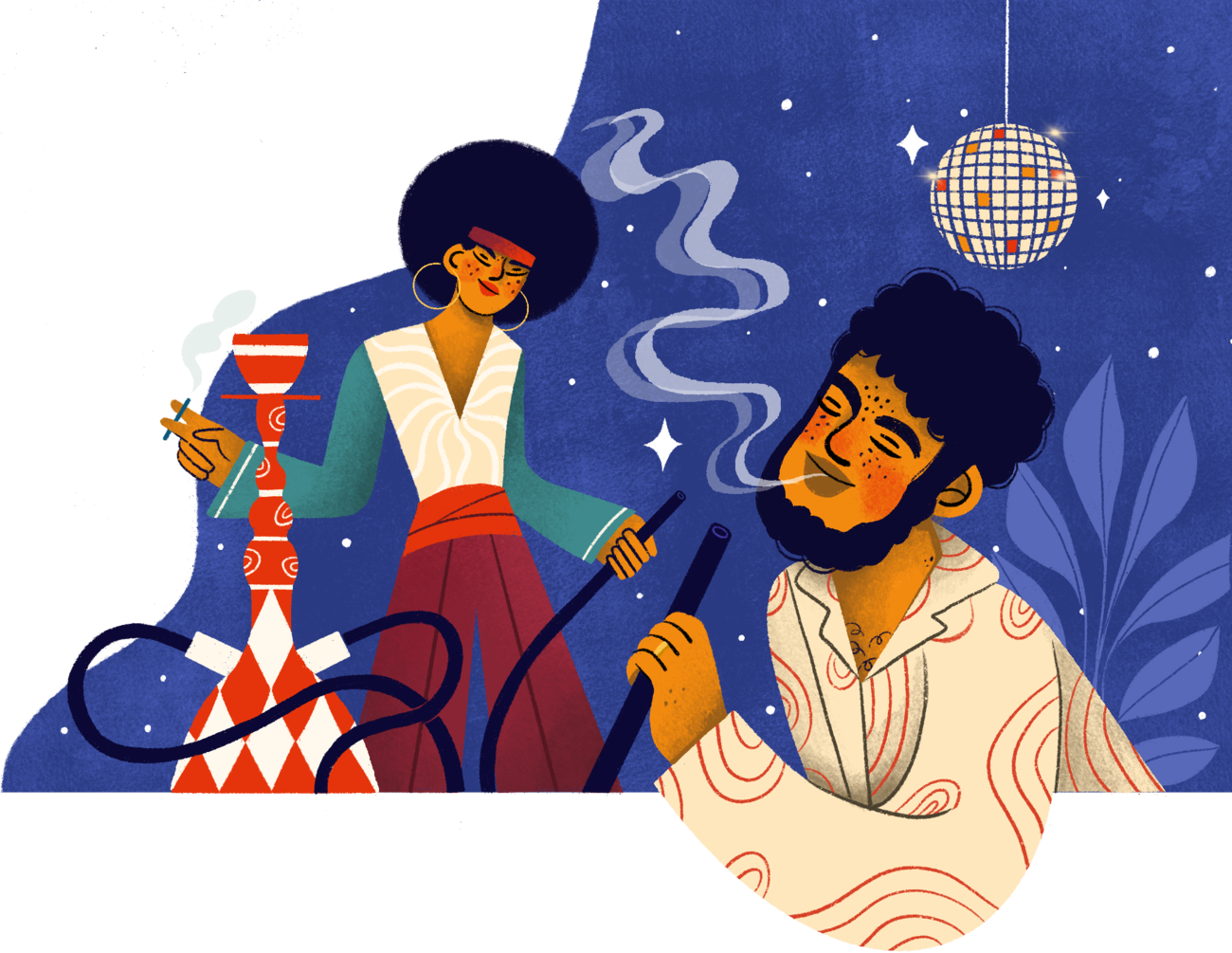 A couple in a 70s outfit smoking hookah on a fun night.