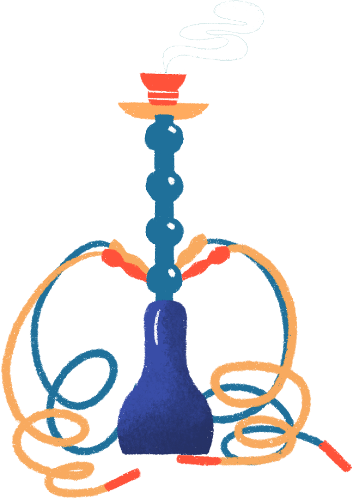 Nice cartoon of a hookah with hoses and white smoke coming out of it.
