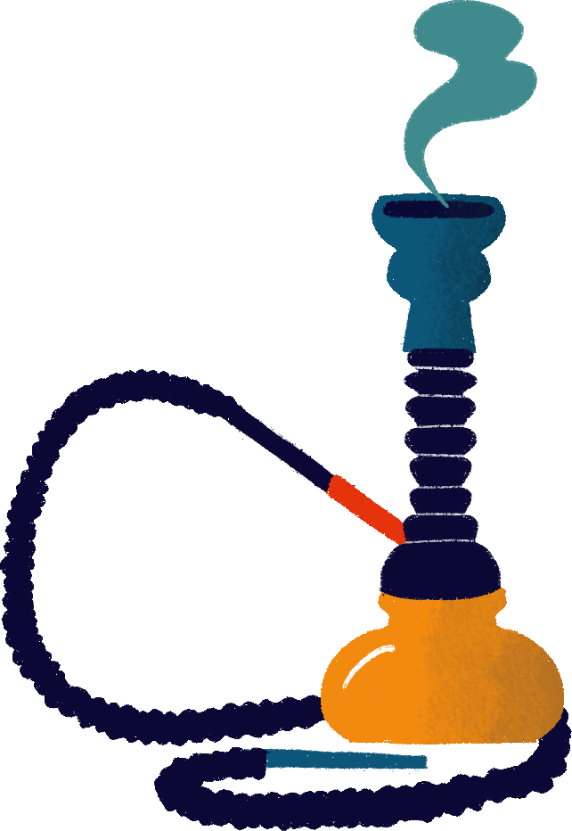 Illustration of a single hose hookah with smoke coming out of it.