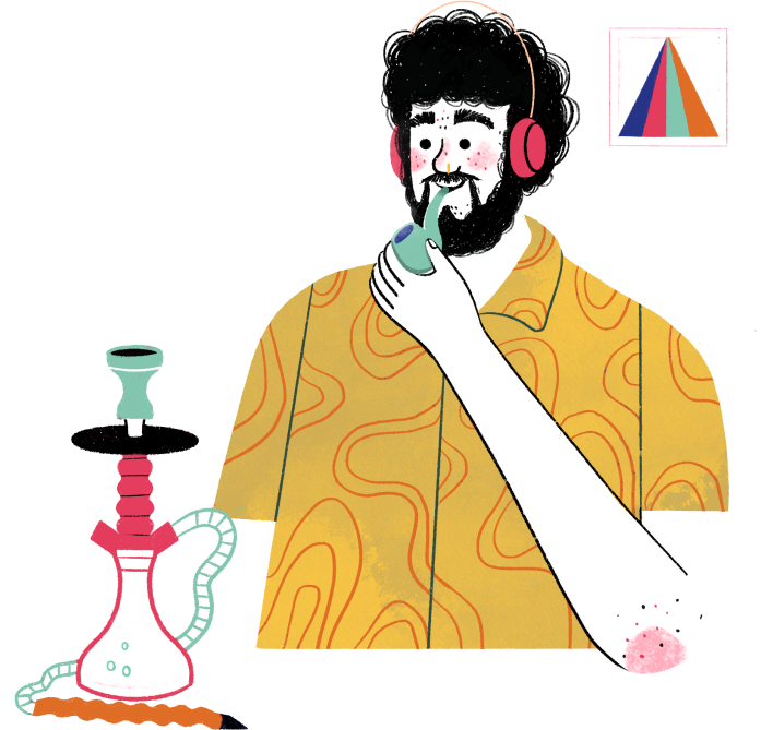 Cartoon representation of an extraordinary curly man smoking a pipe with a hookah on the side.