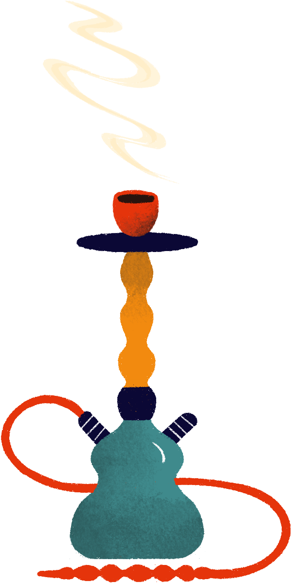 A cartoon of a simple hookah with one hose and smoke coming out of it.